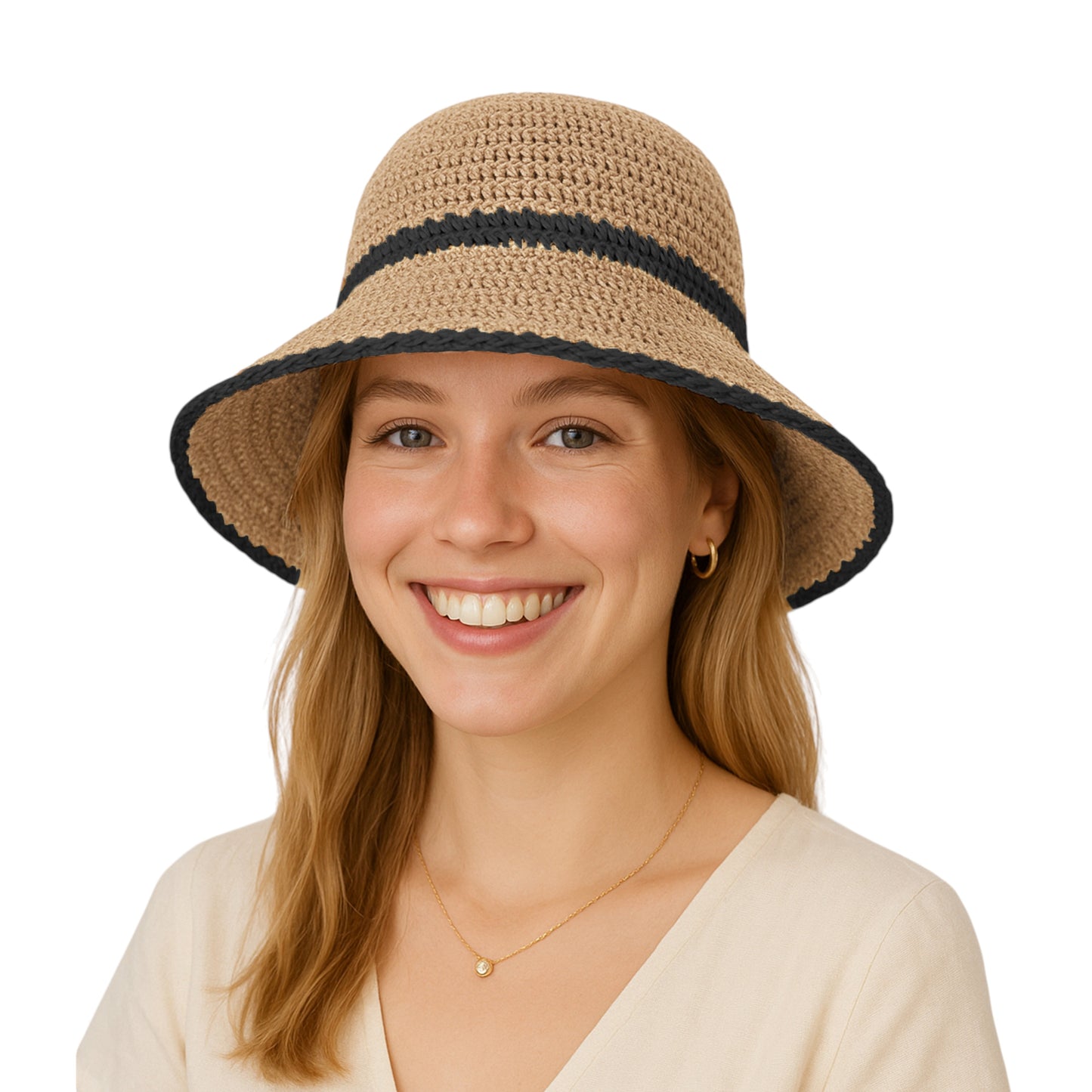 Packable Crochet Straw Bucket Hat with Two-Tone Design Lightweight Summer Sun Hat for Beach Travel Hiking Outdoor Use