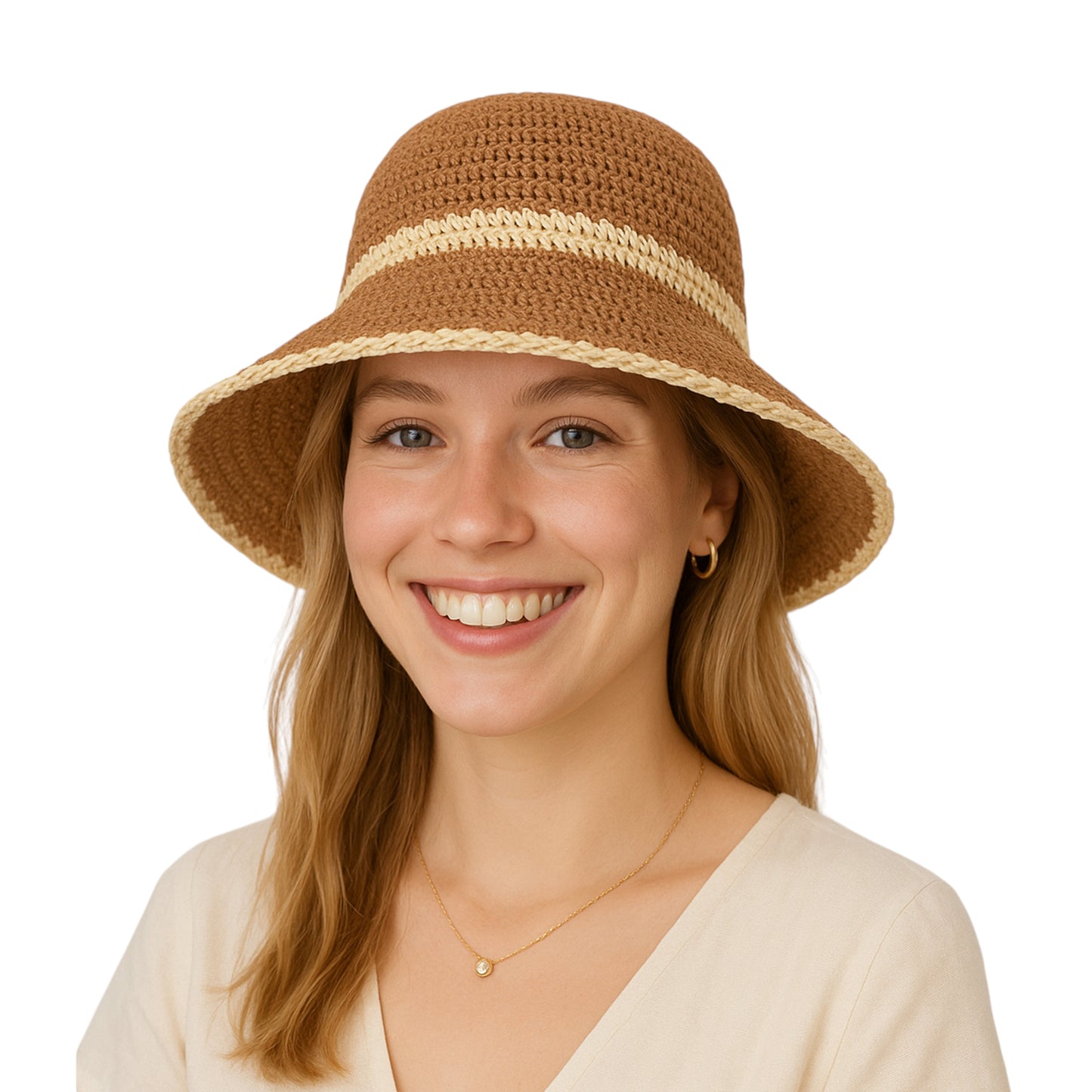 Packable Crochet Straw Bucket Hat with Two-Tone Design Lightweight Summer Sun Hat for Beach Travel Hiking Outdoor Use
