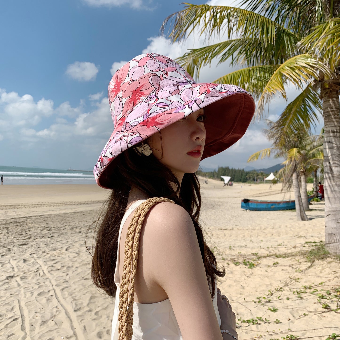 2-in-1 Women's Floral & Solid Double-Sided Bucket Hat for Outdoor