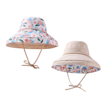 Women's Reversible Floral & Solid Bucket Sun Hat with Chin Strap
