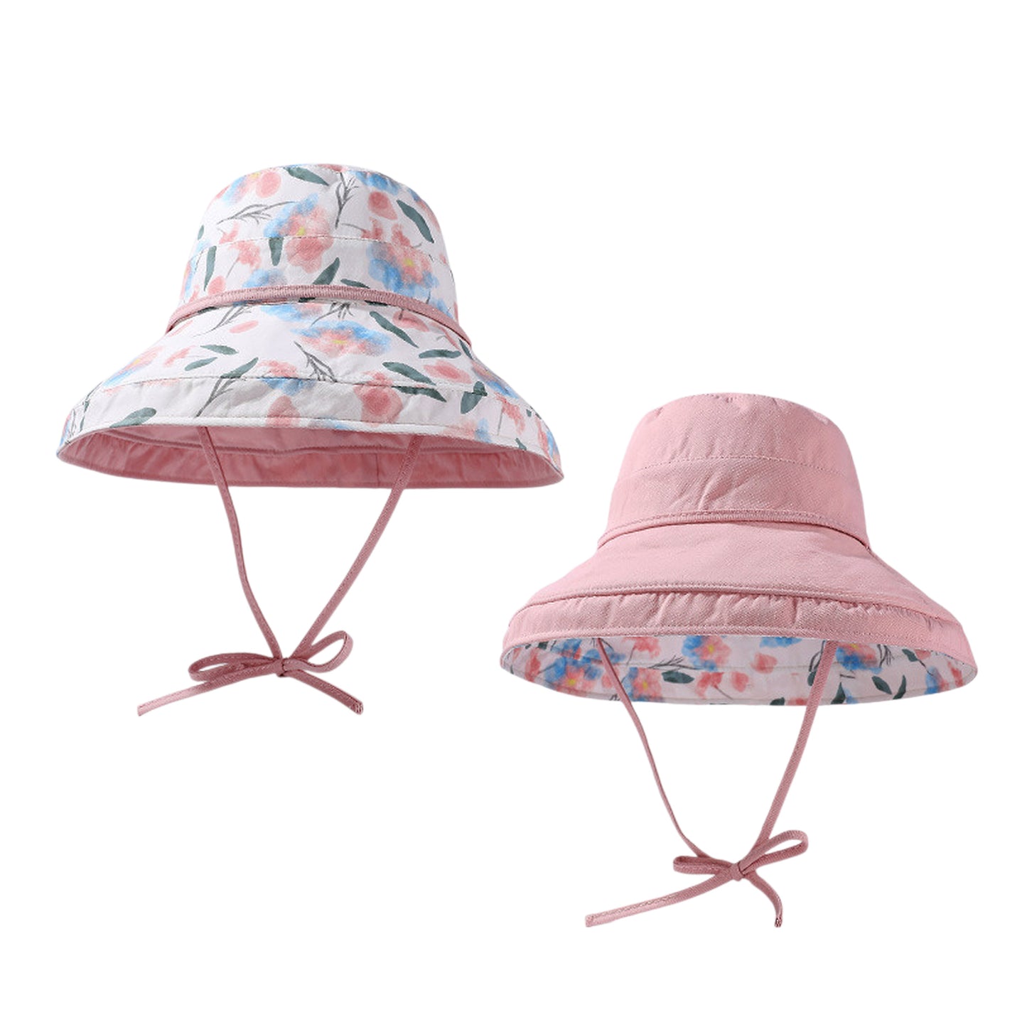 Women's Reversible Floral & Solid Bucket Sun Hat with Chin Strap