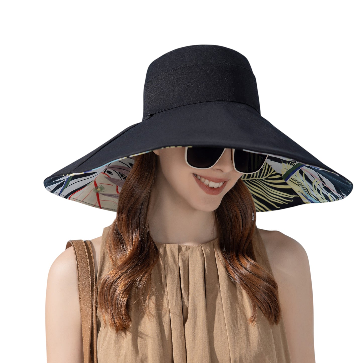 Wide Brim Floppy Sun Hat with Colorful Printed Underside UV Protection Lightweight Foldable Design for Outdoor Use