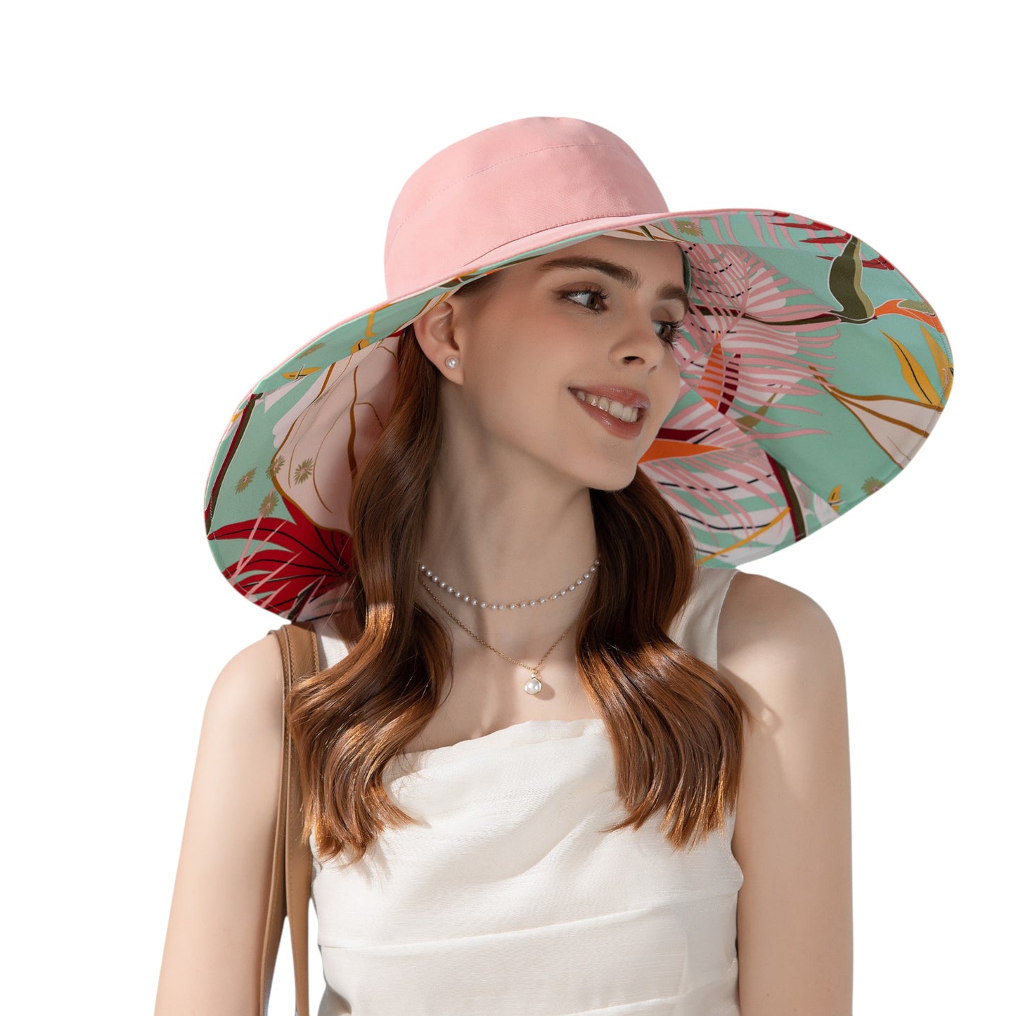 Wide Brim Floppy Sun Hat with Colorful Printed Underside UV Protection Lightweight Foldable Design for Outdoor Use