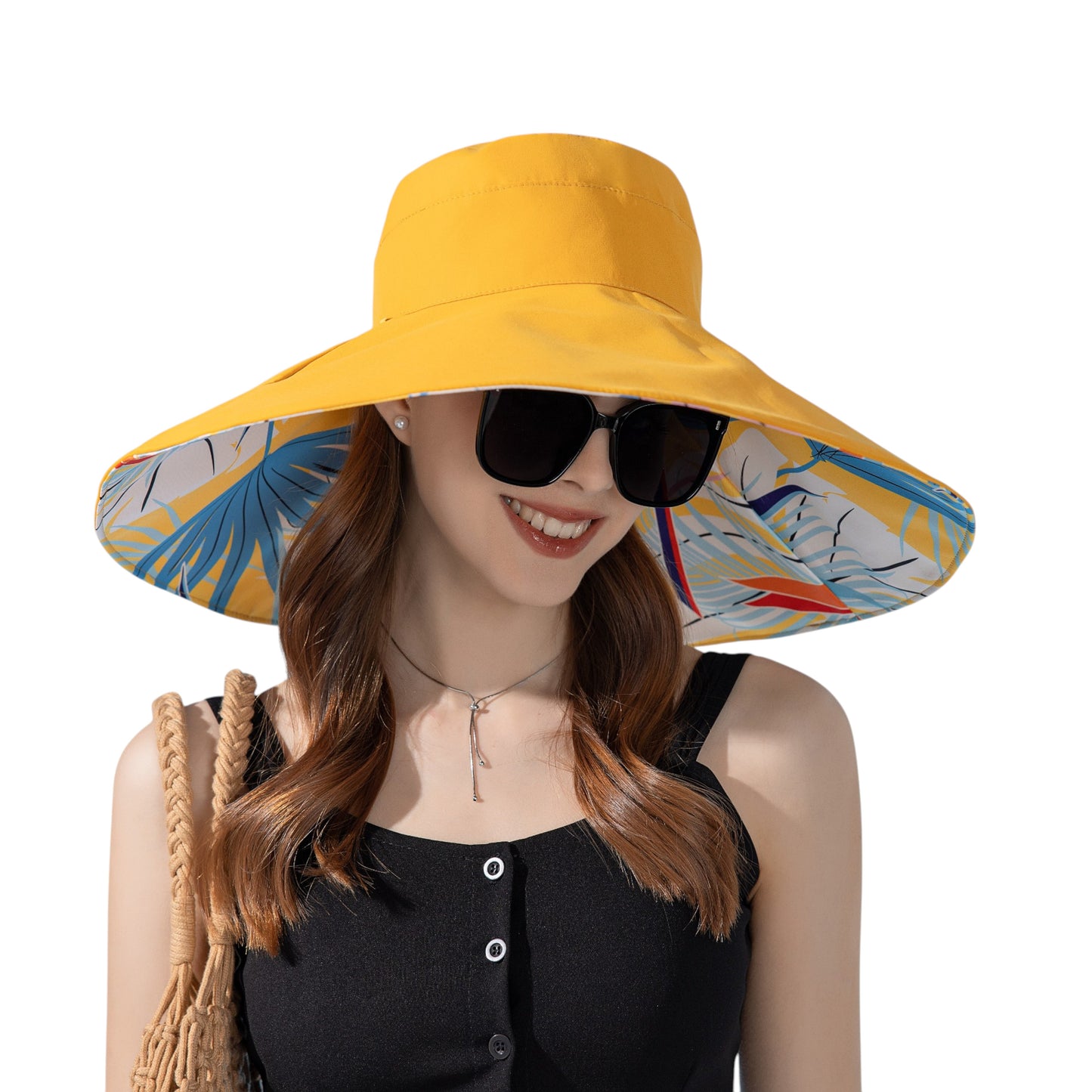 Wide Brim Floppy Sun Hat with Colorful Printed Underside UV Protection Lightweight Foldable Design for Outdoor Use