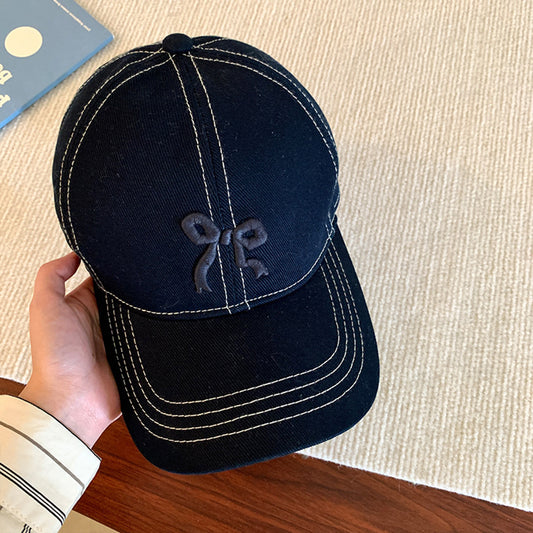 Women's Embroidered Bow Baseball Cap with Contrast Stitching and Curved Brim