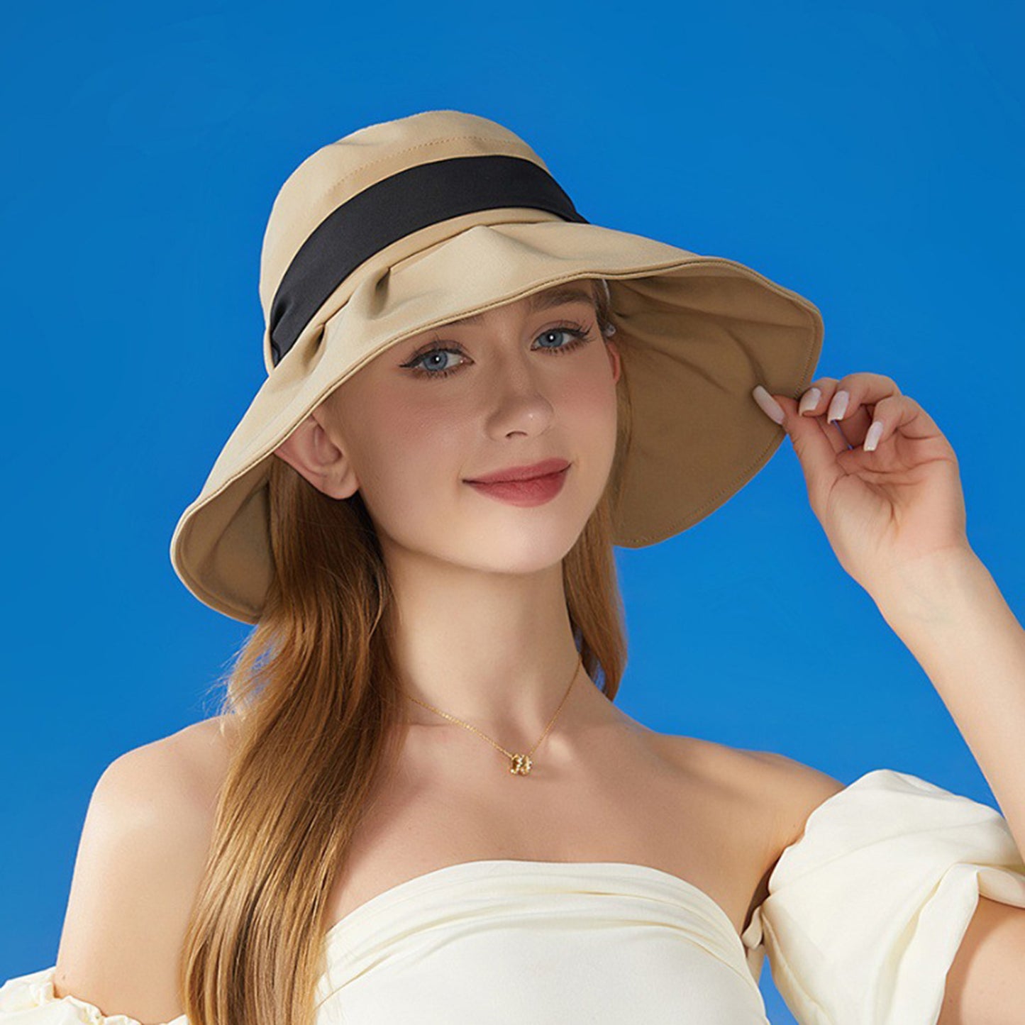Women's Wide Brim Floppy Sun Hat with Contrast Bow Band and Structured Crown