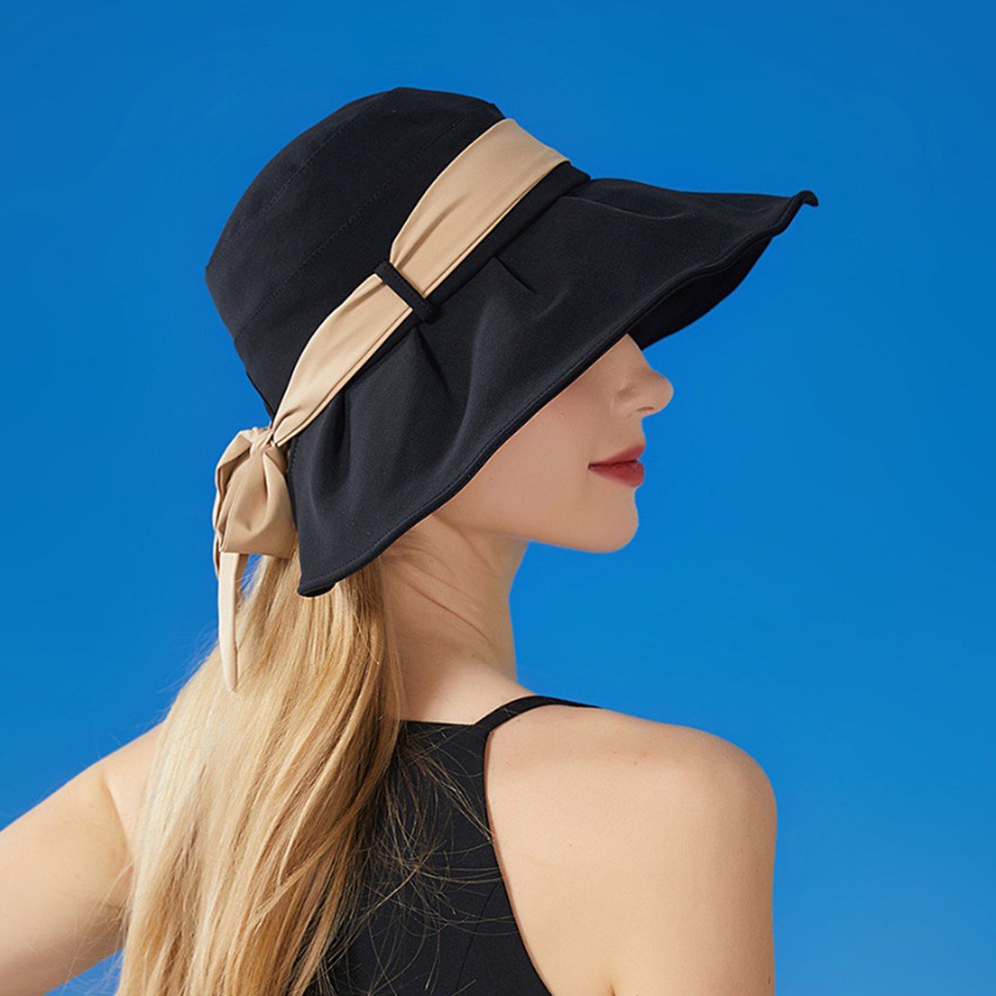 Women's Wide Brim Floppy Sun Hat with Contrast Bow Band and Structured Crown