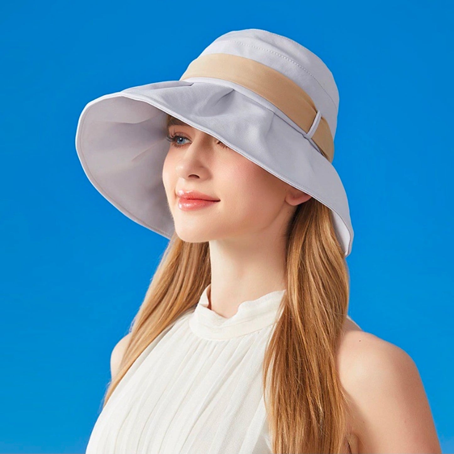 Women's Wide Brim Floppy Sun Hat with Contrast Bow Band and Structured Crown