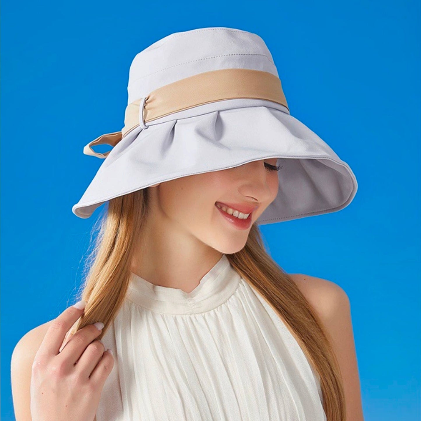 Women's Wide Brim Floppy Sun Hat with Contrast Bow Band and Structured Crown