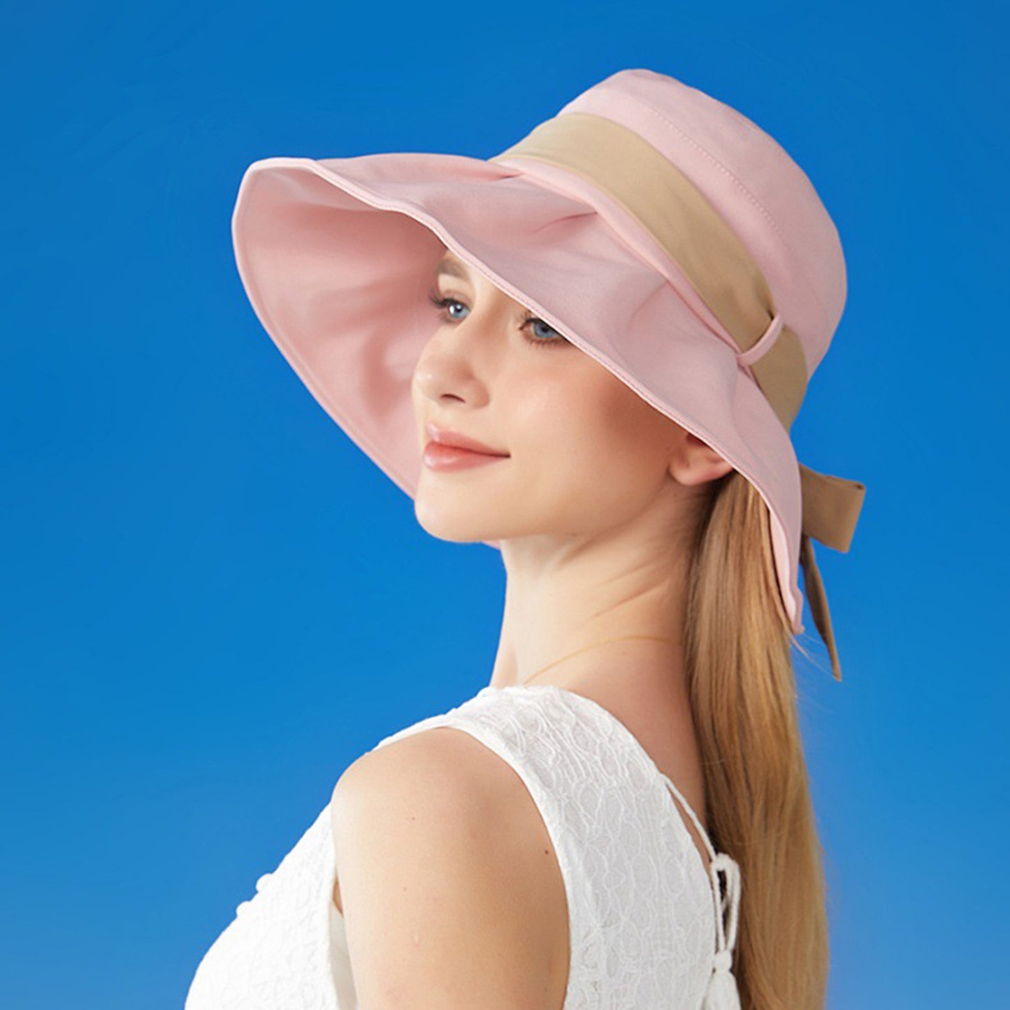 Women's Wide Brim Floppy Sun Hat with Contrast Bow Band and Structured Crown
