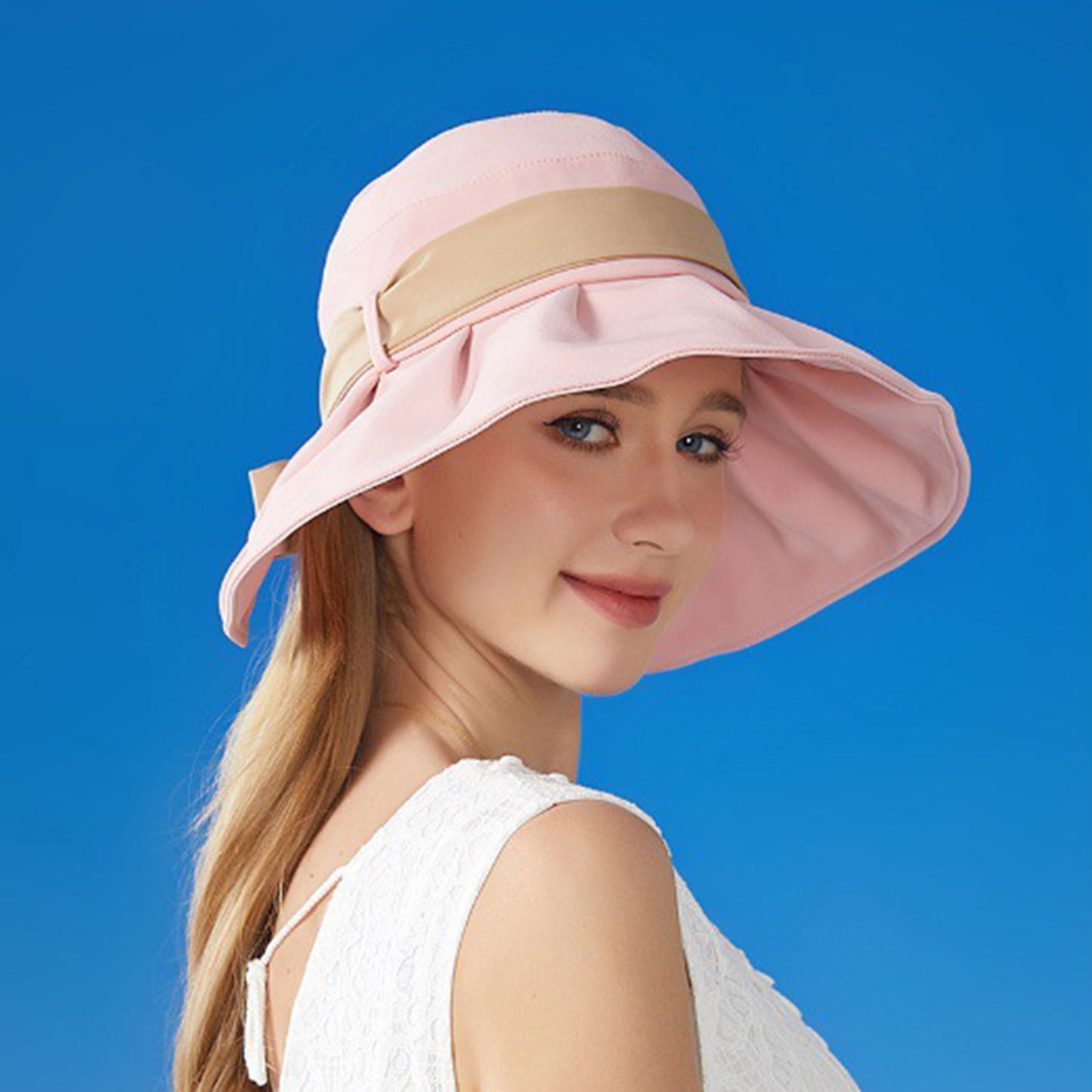 Women's Wide Brim Floppy Sun Hat with Contrast Bow Band and Structured Crown