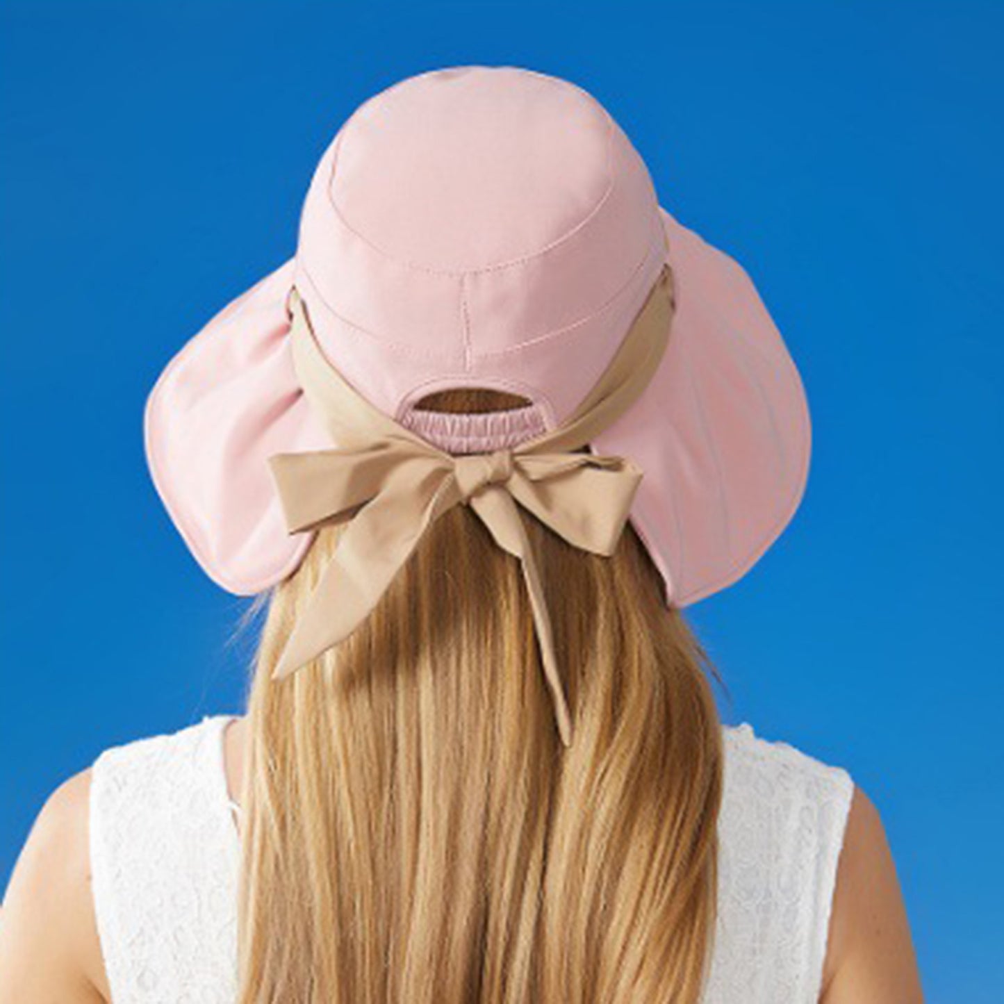 Women's Wide Brim Floppy Sun Hat with Contrast Bow Band and Structured Crown