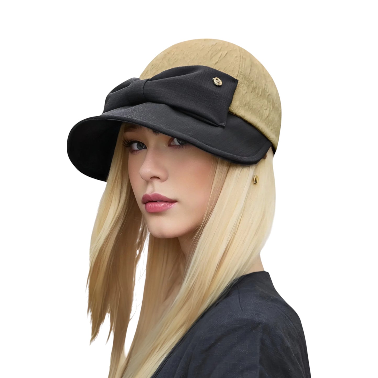 Women's Structured Visor Cloche Hat with Oversized Bow and Textured Dome Crown