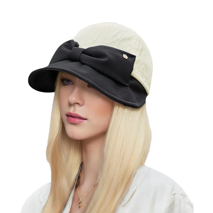 Women's Structured Visor Cloche Hat with Oversized Bow and Textured Dome Crown