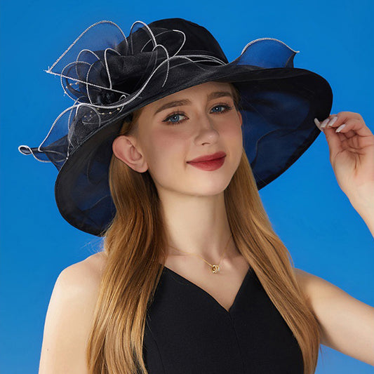Wide Brim Organza Dress Hat with Sheer Ribbon Floral Design for Formal Events and Sun Protection
