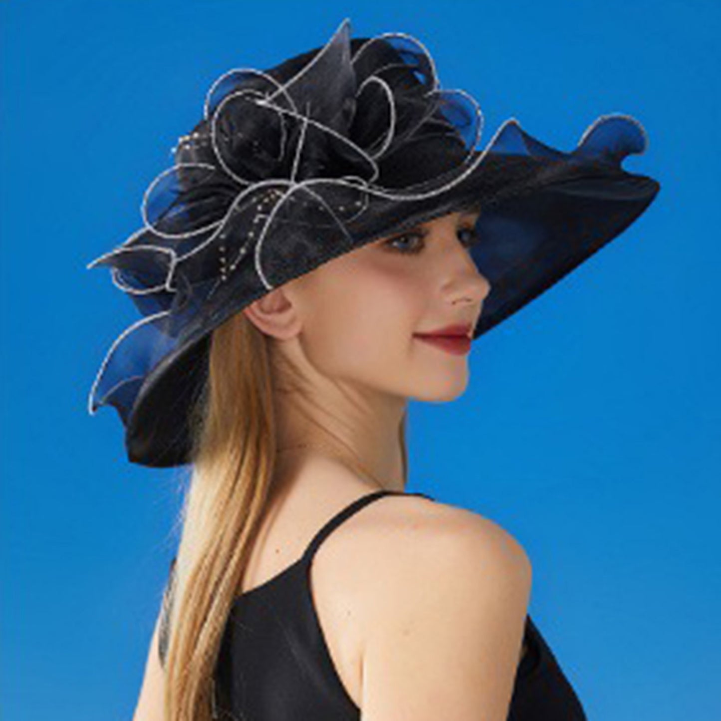Wide Brim Organza Dress Hat with Sheer Ribbon Floral Design for Formal Events and Sun Protection
