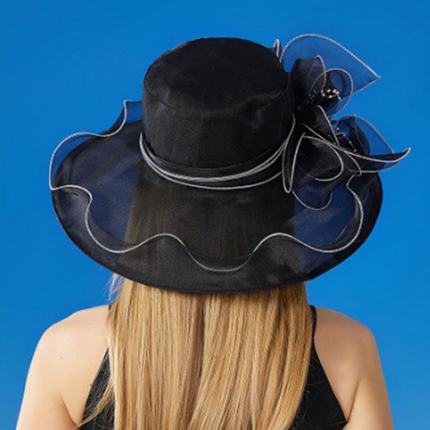 Wide Brim Organza Dress Hat with Sheer Ribbon Floral Design for Formal Events and Sun Protection