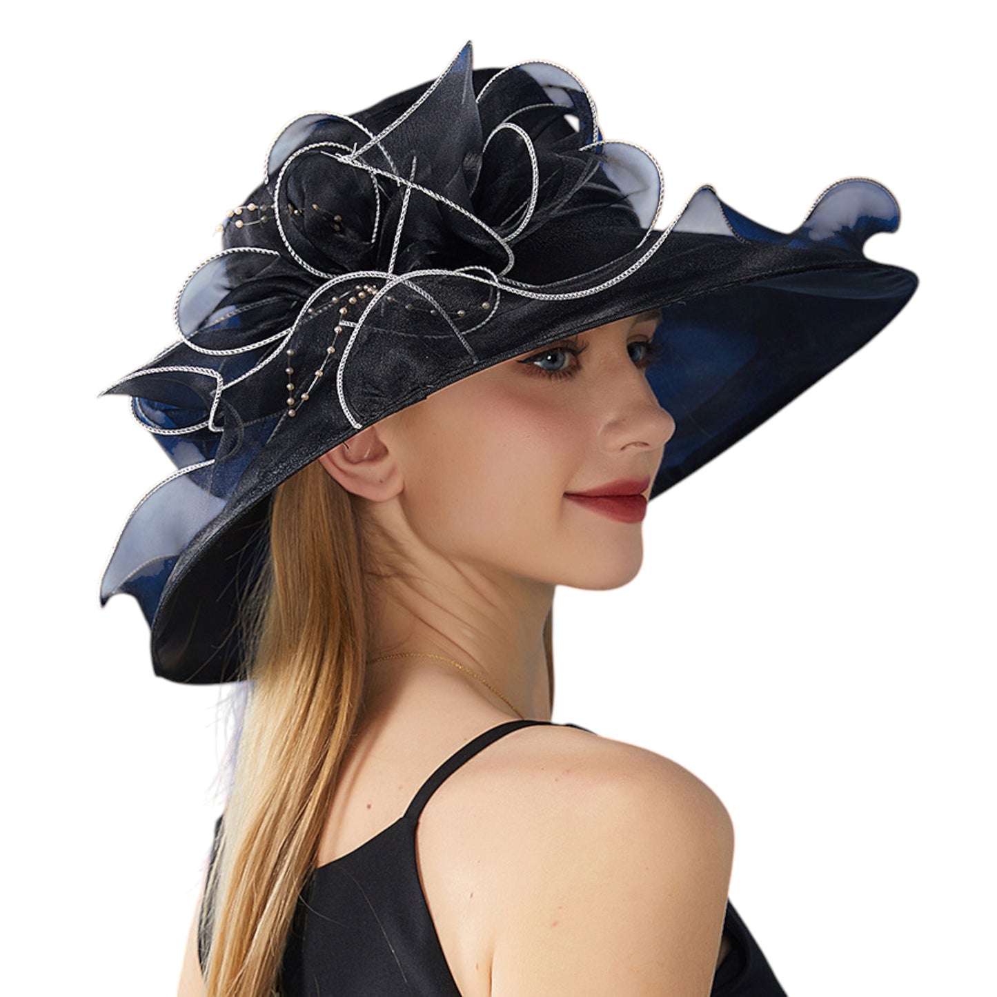 Wide Brim Organza Dress Hat with Sheer Ribbon Floral Design for Formal Events and Sun Protection