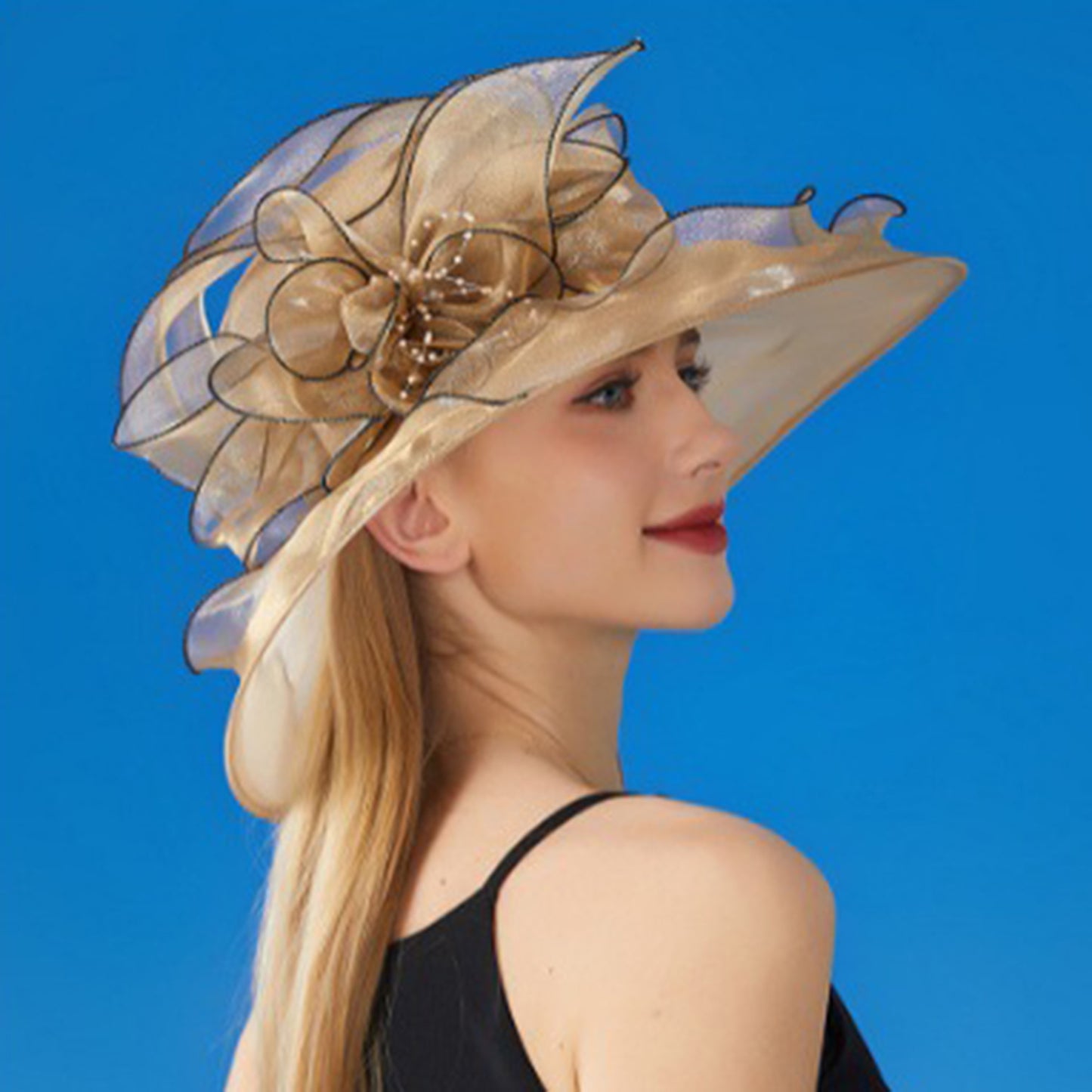 Wide Brim Organza Dress Hat with Sheer Ribbon Floral Design for Formal Events and Sun Protection