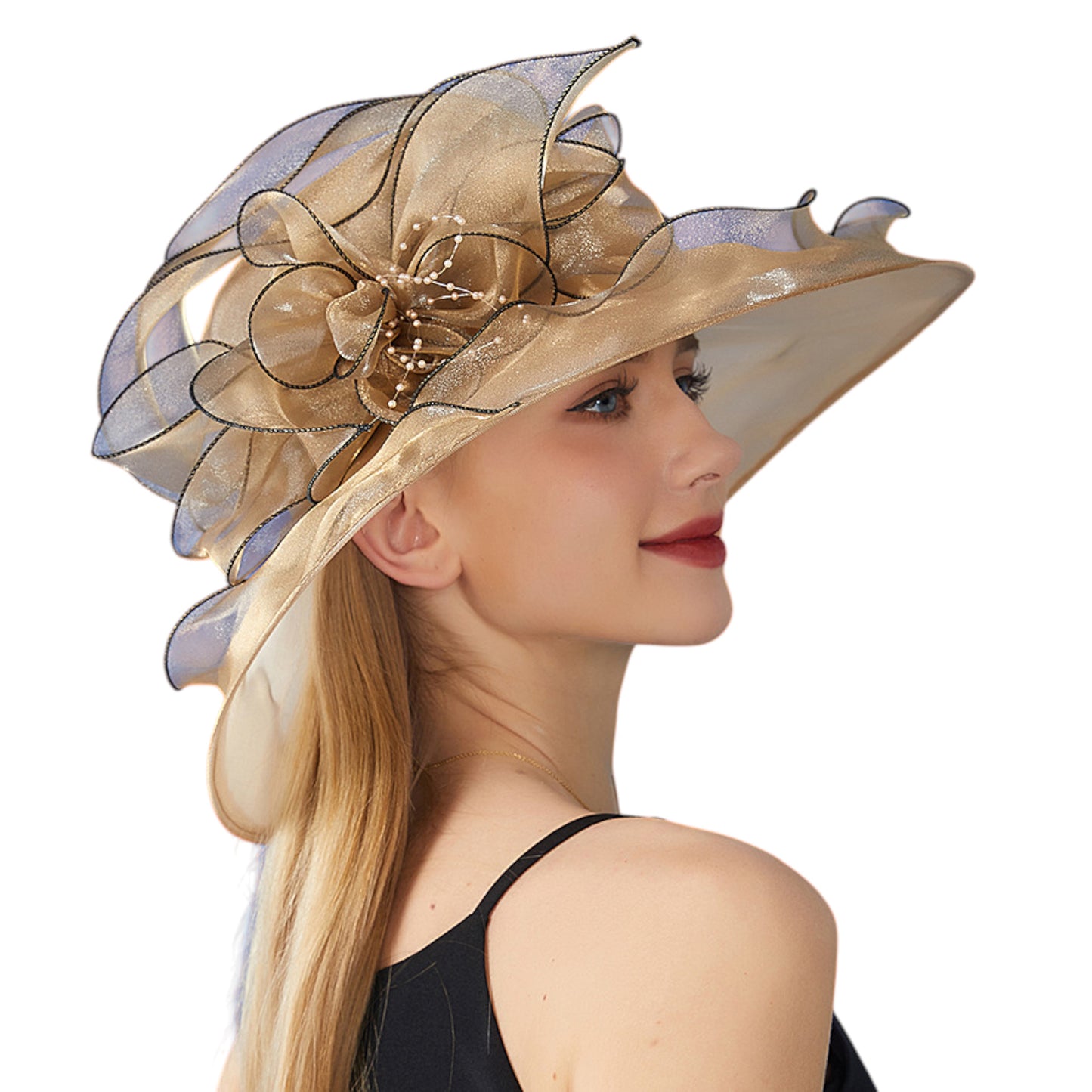 Wide Brim Organza Dress Hat with Sheer Ribbon Floral Design for Formal Events and Sun Protection