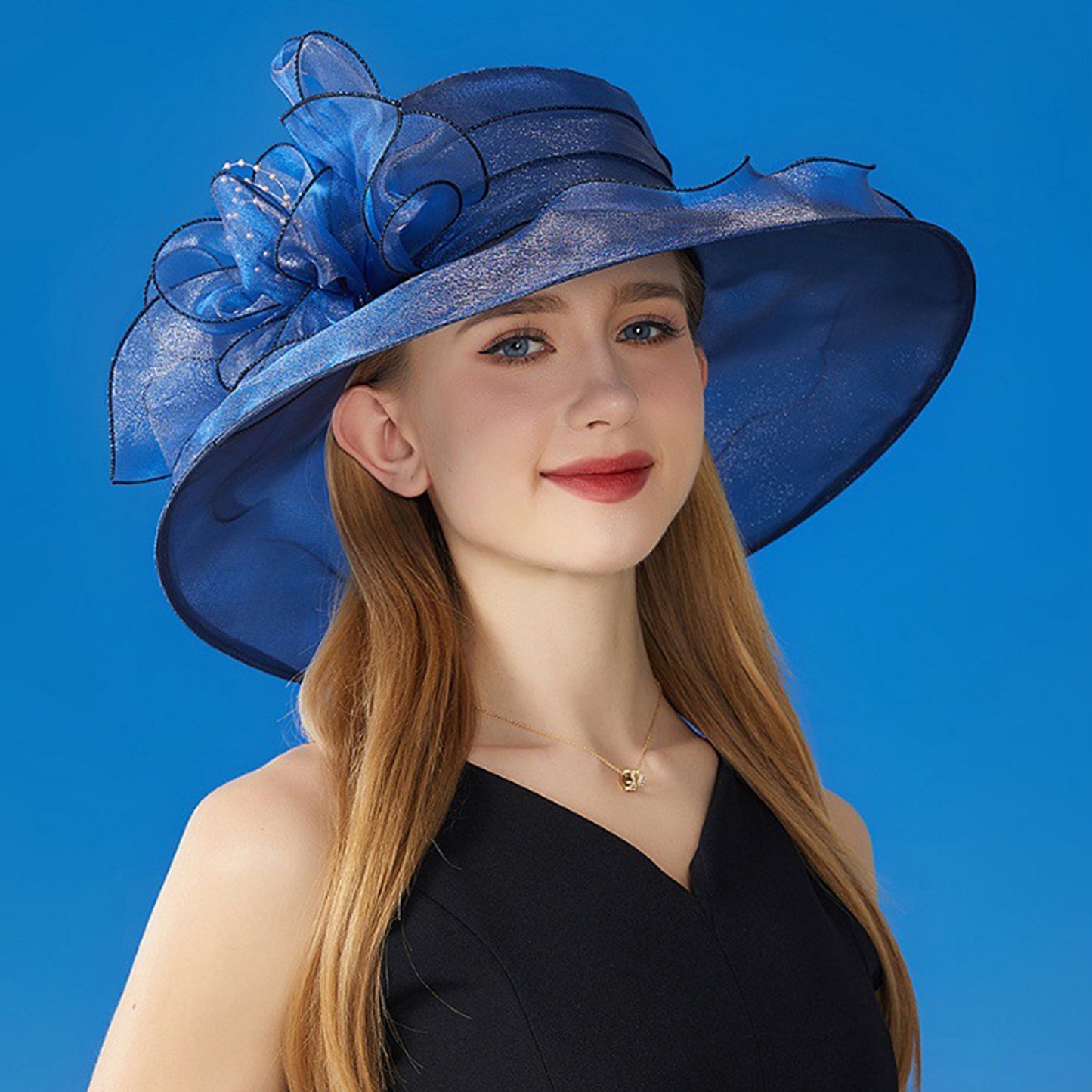 Wide Brim Organza Dress Hat with Sheer Ribbon Floral Design for Formal Events and Sun Protection
