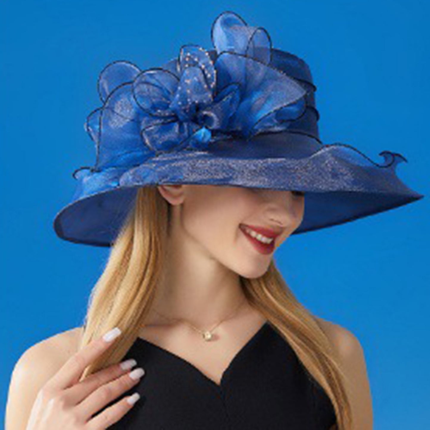 Wide Brim Organza Dress Hat with Sheer Ribbon Floral Design for Formal Events and Sun Protection