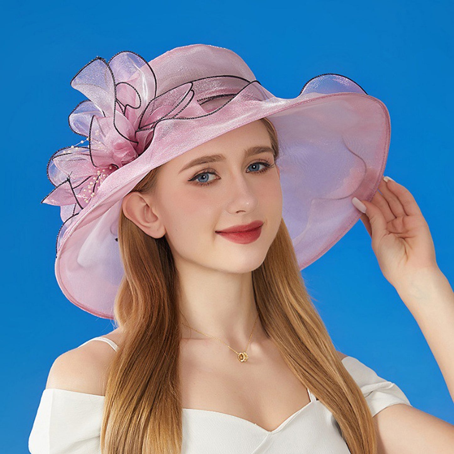 Wide Brim Organza Dress Hat with Sheer Ribbon Floral Design for Formal Events and Sun Protection
