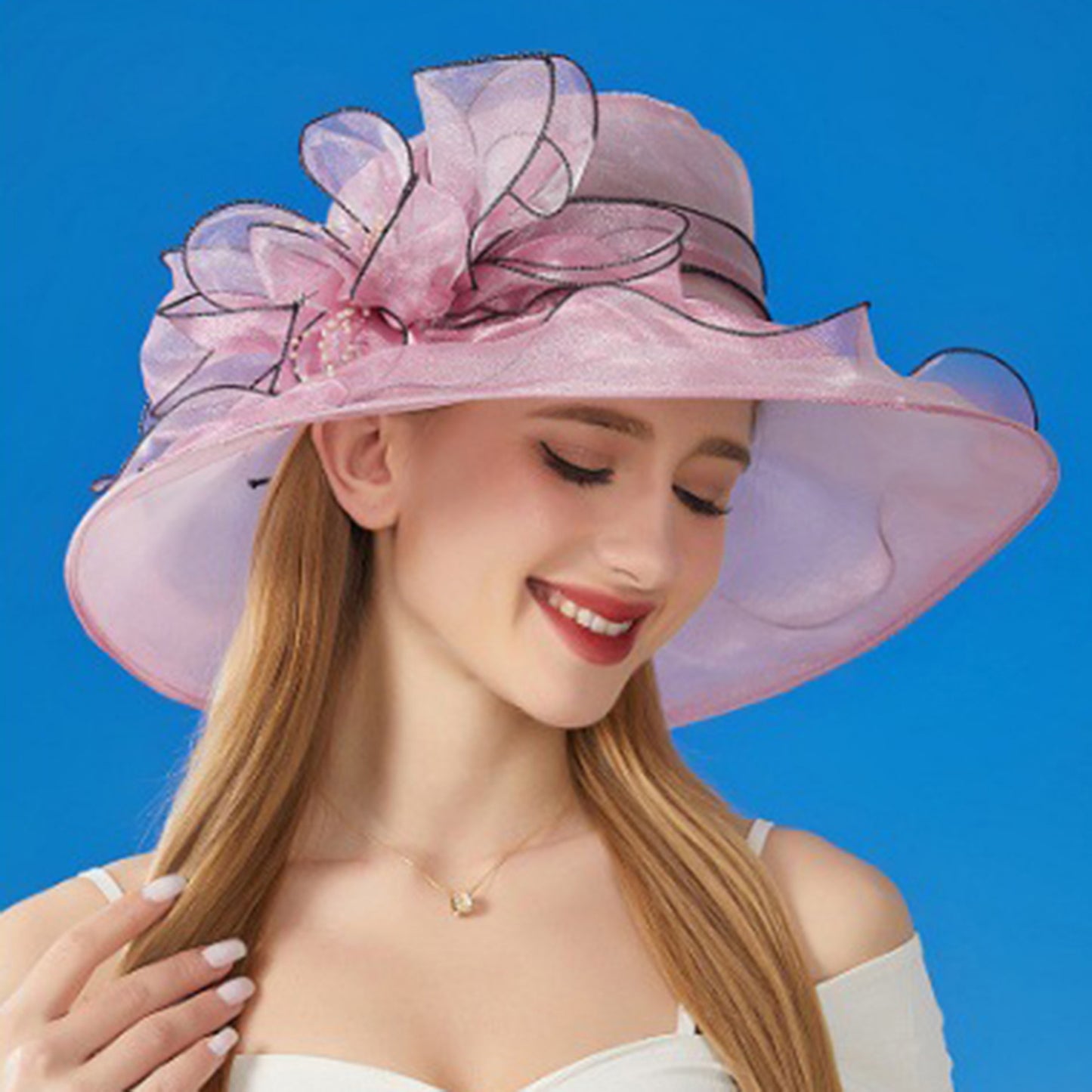 Wide Brim Organza Dress Hat with Sheer Ribbon Floral Design for Formal Events and Sun Protection