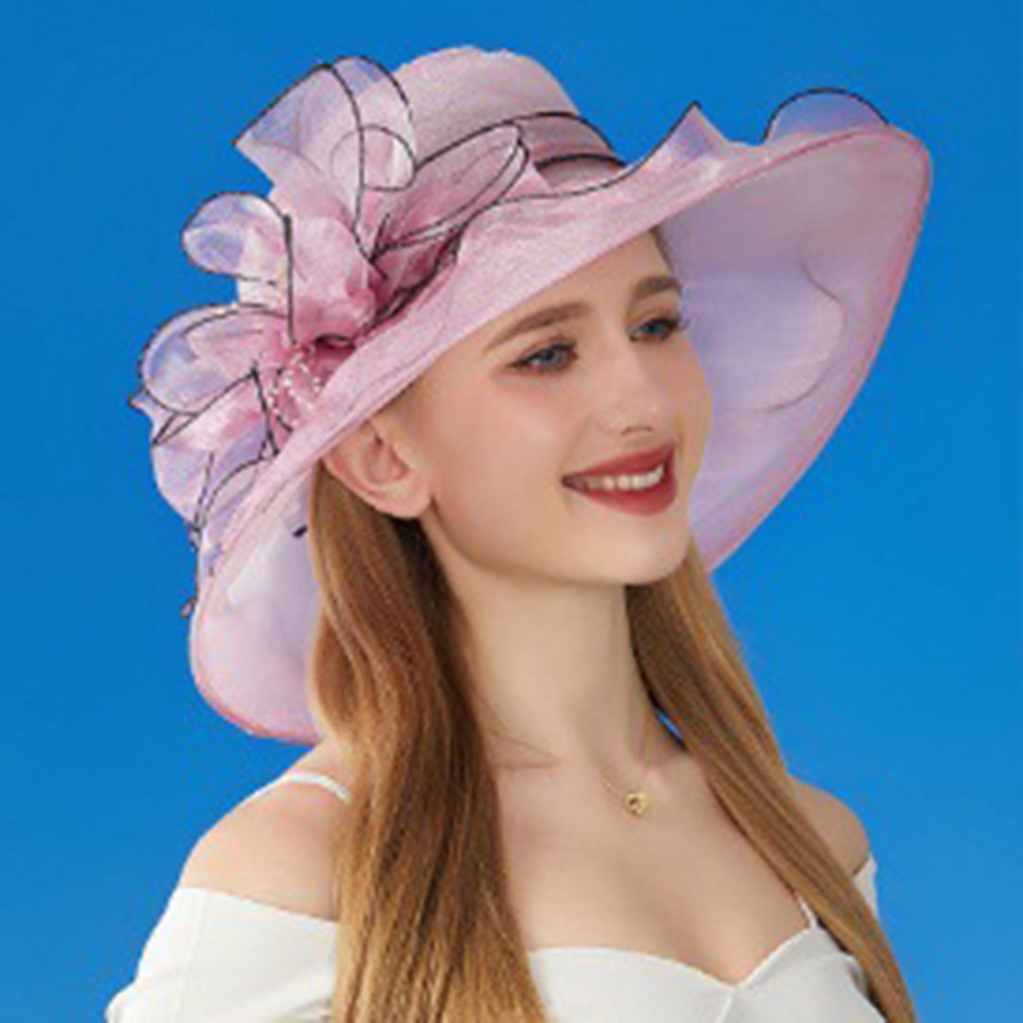 Wide Brim Organza Dress Hat with Sheer Ribbon Floral Design for Formal Events and Sun Protection