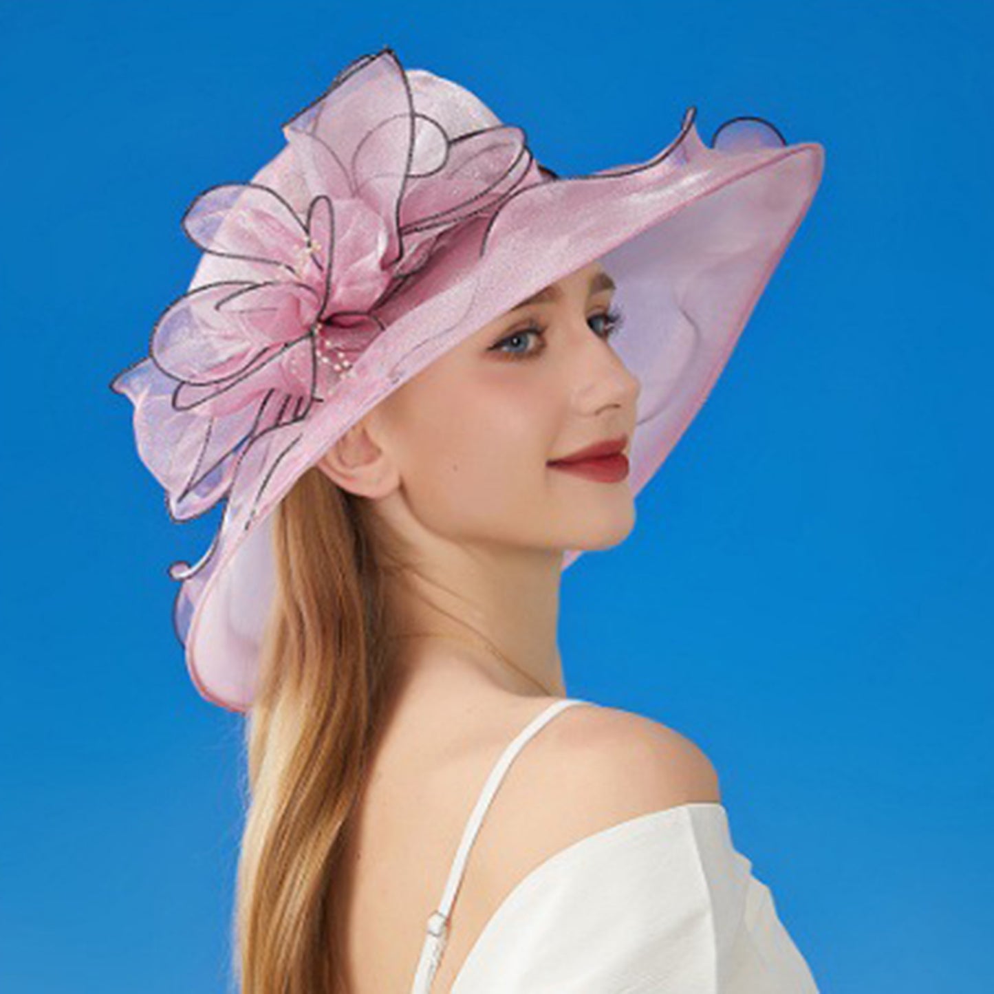 Wide Brim Organza Dress Hat with Sheer Ribbon Floral Design for Formal Events and Sun Protection