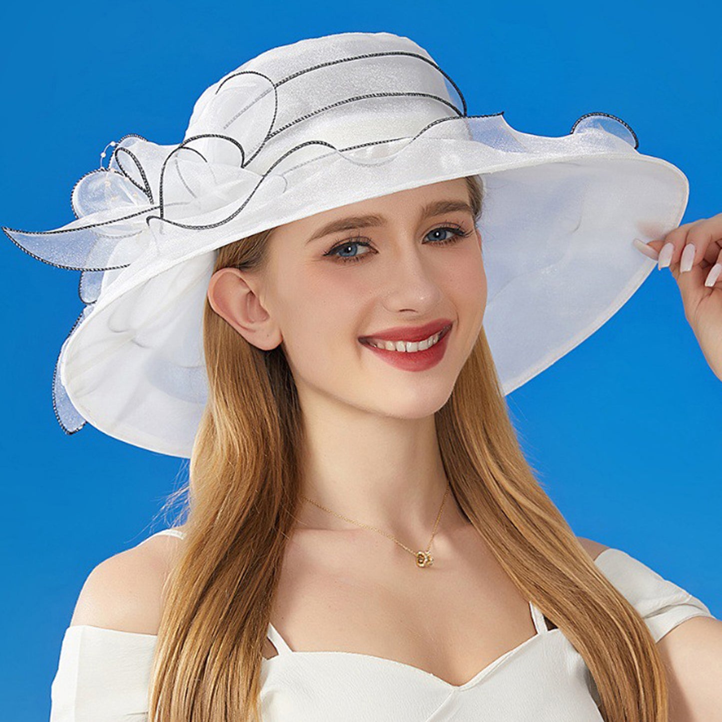Wide Brim Organza Dress Hat with Sheer Ribbon Floral Design for Formal Events and Sun Protection
