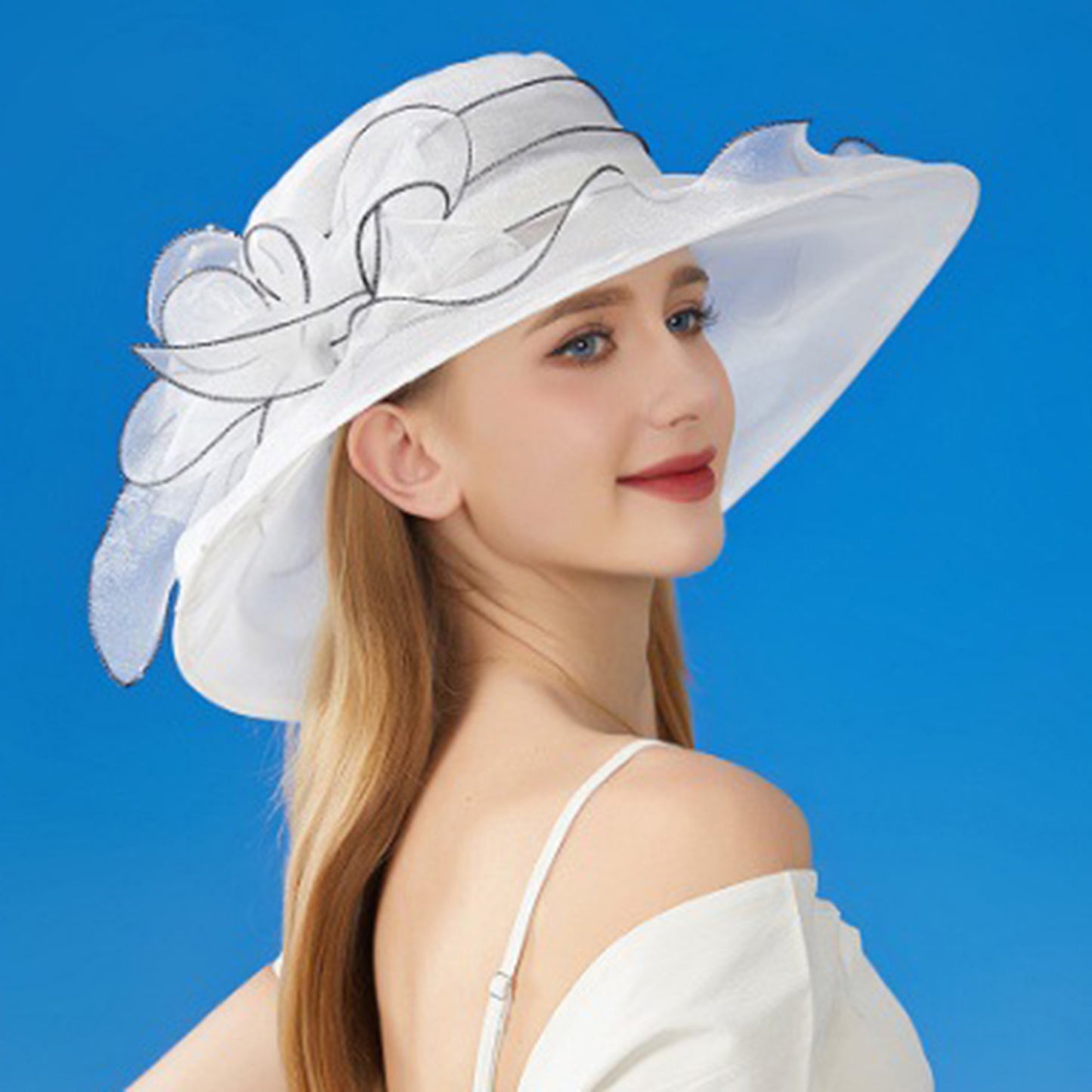 Wide Brim Organza Dress Hat with Sheer Ribbon Floral Design for Formal Events and Sun Protection