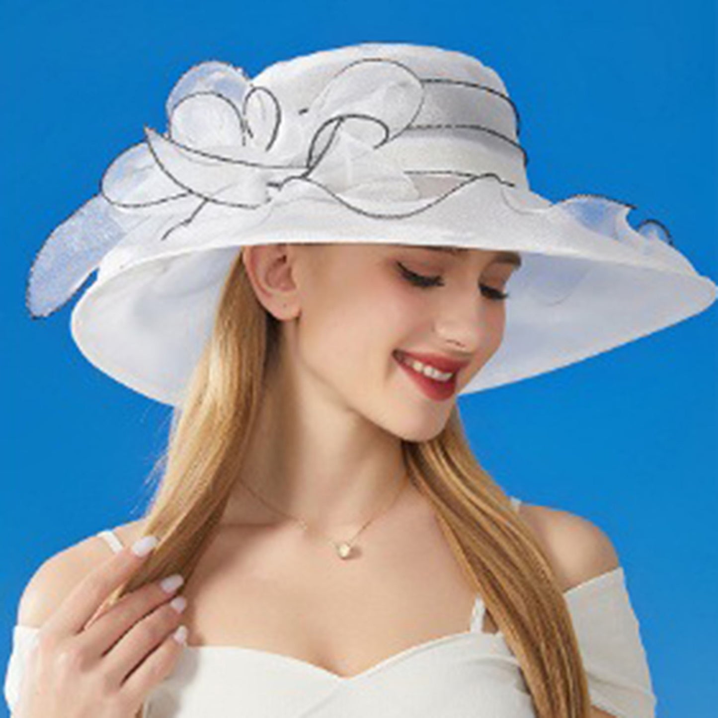Wide Brim Organza Dress Hat with Sheer Ribbon Floral Design for Formal Events and Sun Protection