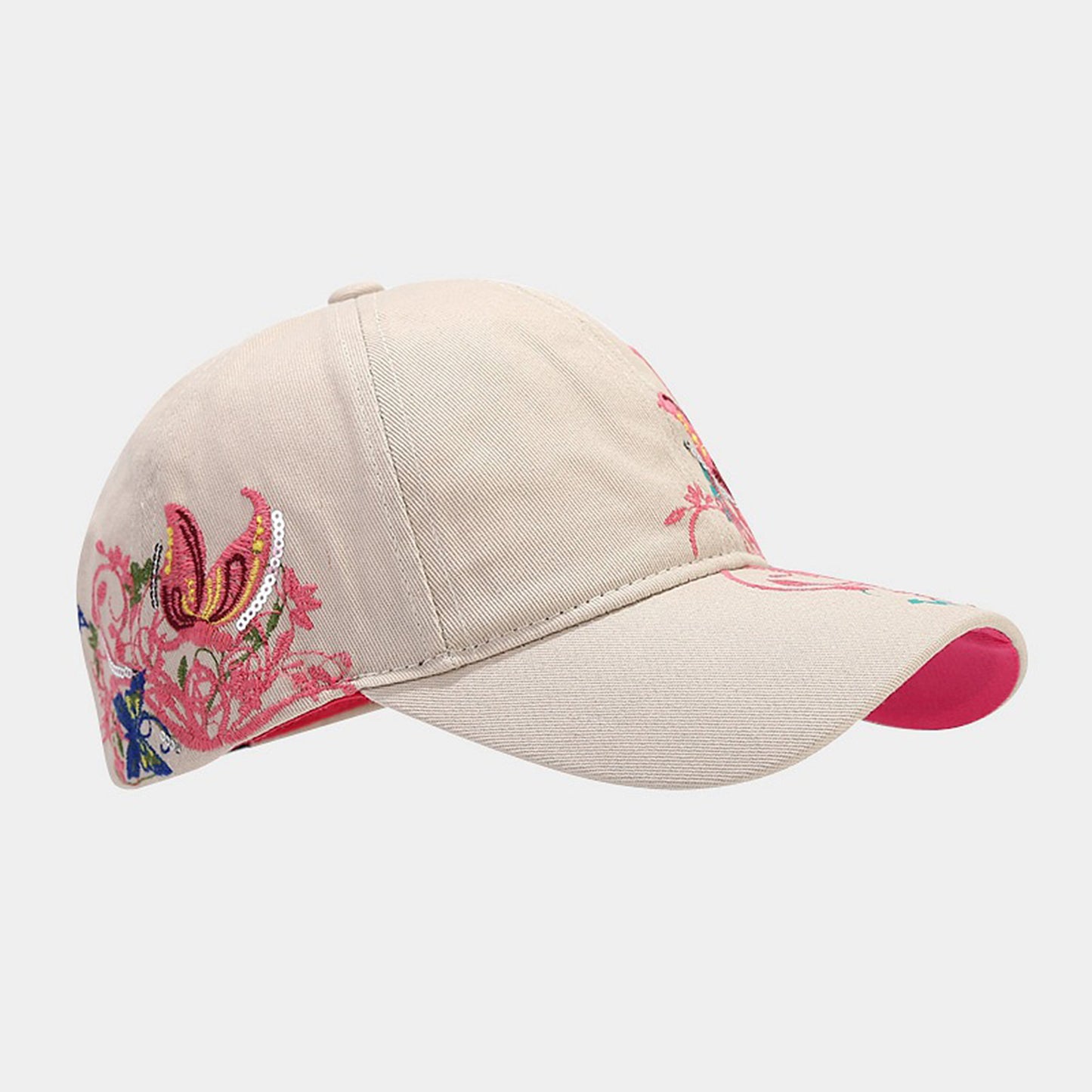 Embroidered Butterfly Baseball Cap with Floral Sequin Accents and Curved Brim for Artistic Casual Style