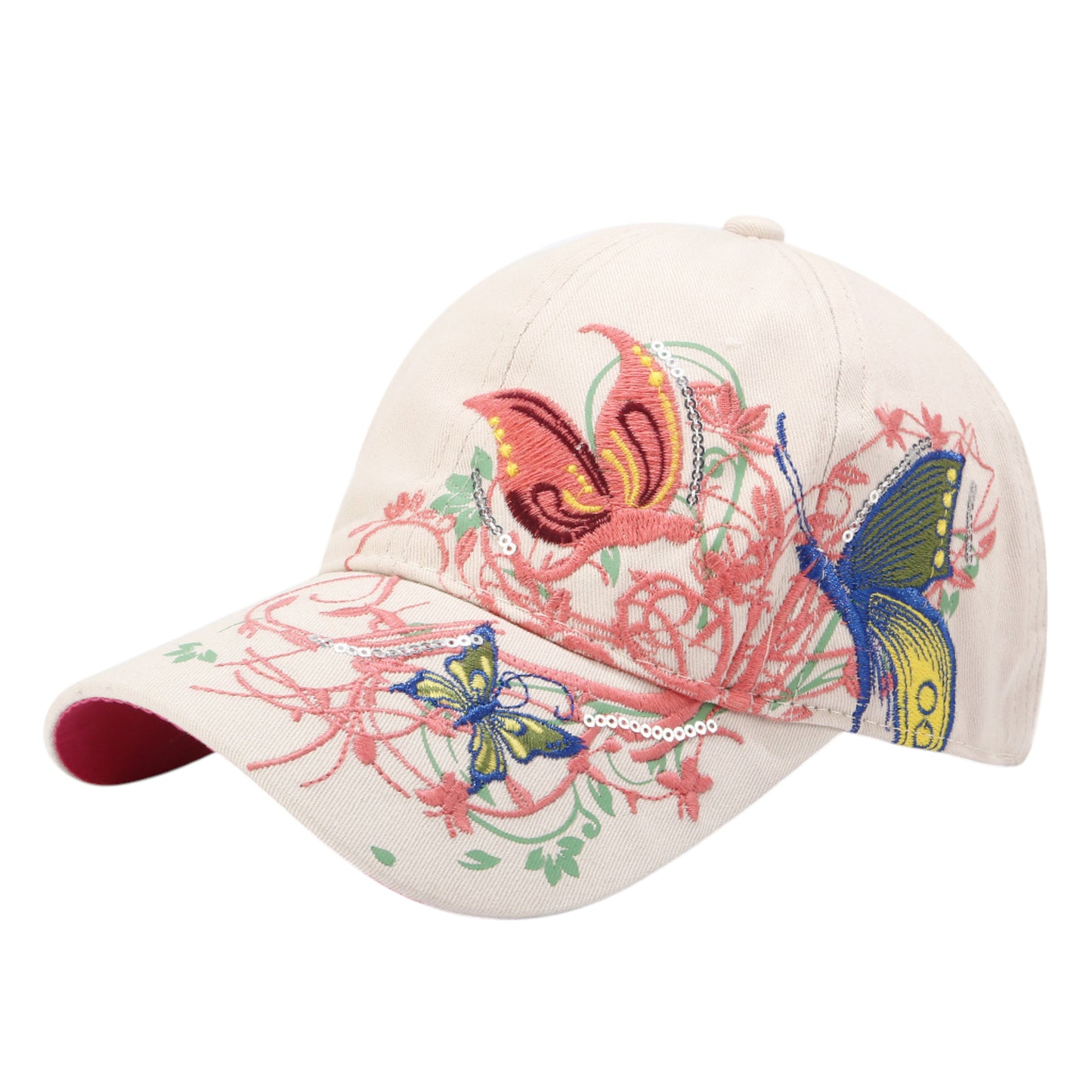Embroidered Butterfly Baseball Cap with Floral Sequin Accents and Curved Brim for Artistic Casual Style