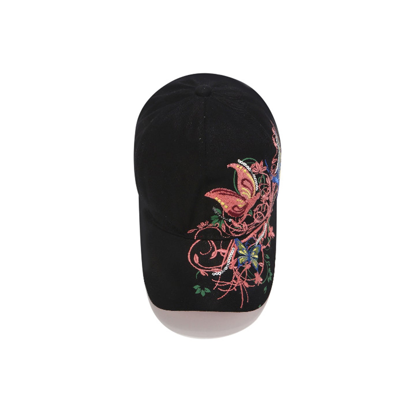 Embroidered Butterfly Baseball Cap with Floral Sequin Accents and Curved Brim for Artistic Casual Style