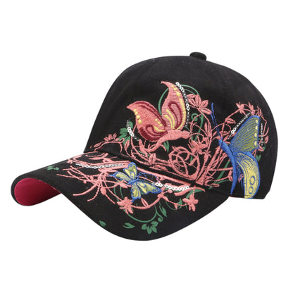 Embroidered Butterfly Baseball Cap with Floral Sequin Accents and Curved Brim for Artistic Casual Style