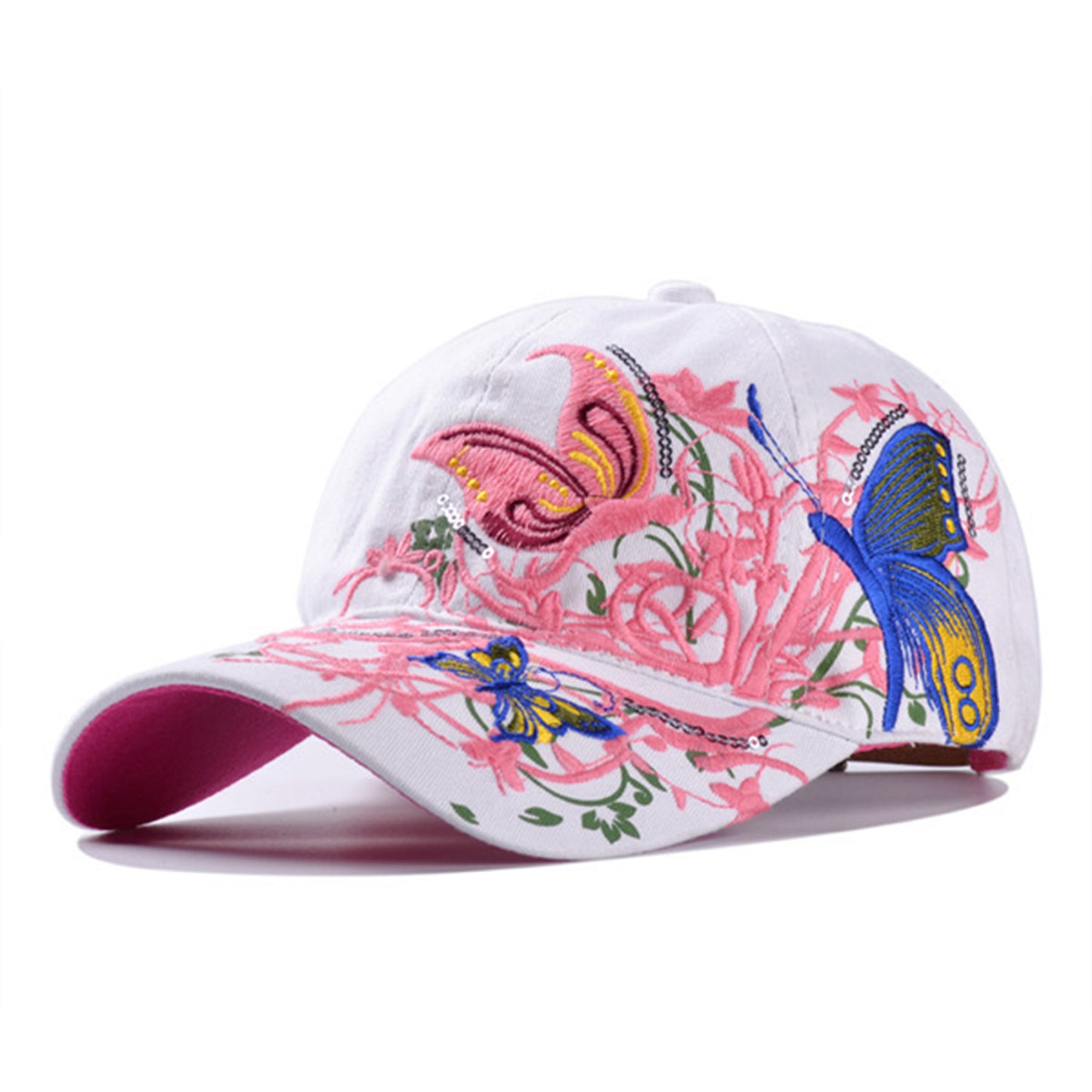 Embroidered Butterfly Baseball Cap with Floral Sequin Accents and Curved Brim for Artistic Casual Style