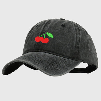 Vintage Washed Denim Baseball Cap with Cherry Embroidery