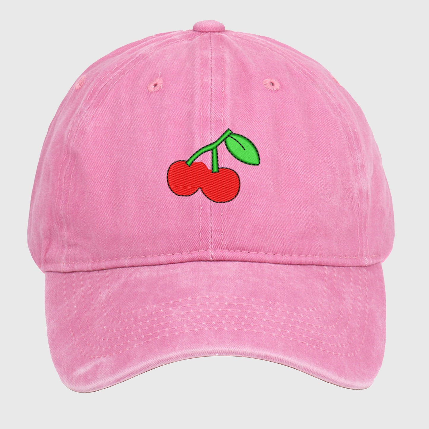Vintage Washed Denim Baseball Cap with Cherry Embroidery