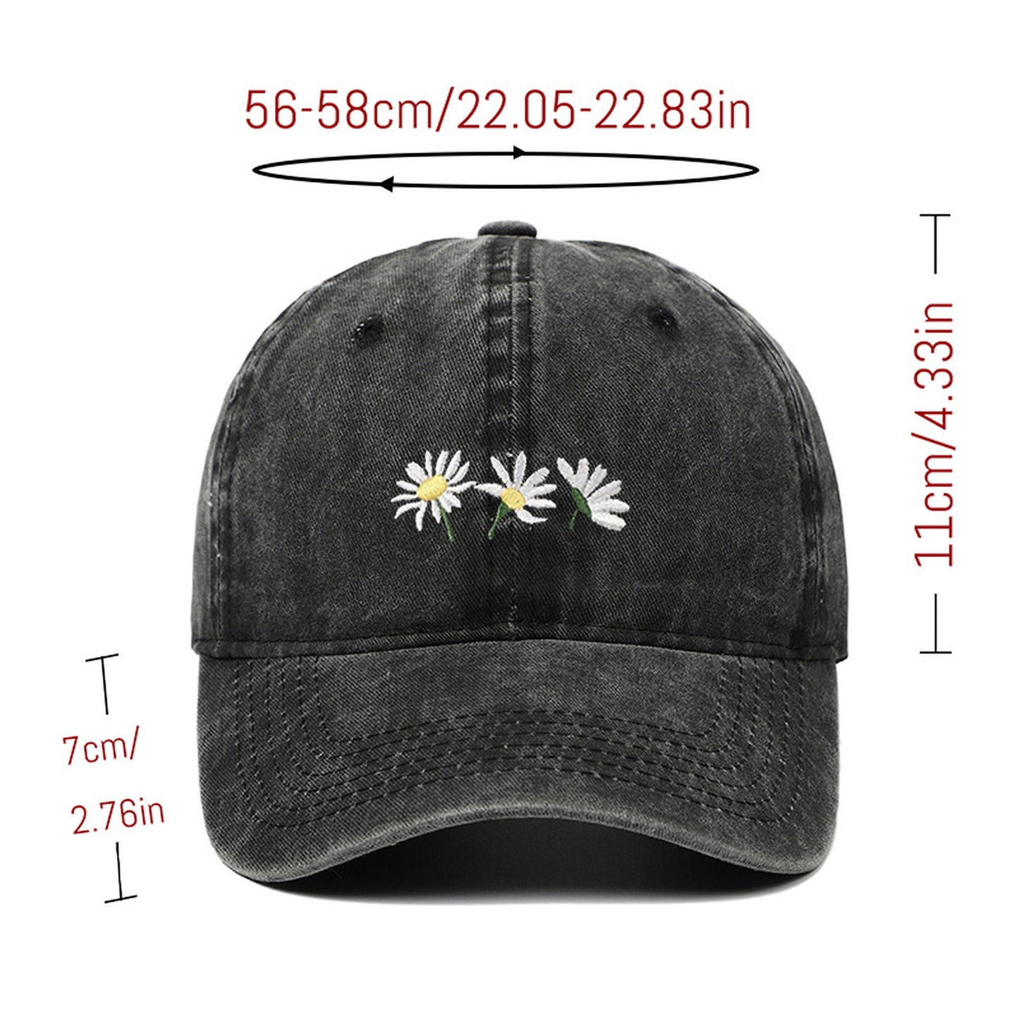 Vintage - Washed Baseball Cap with Daisy Embroidery