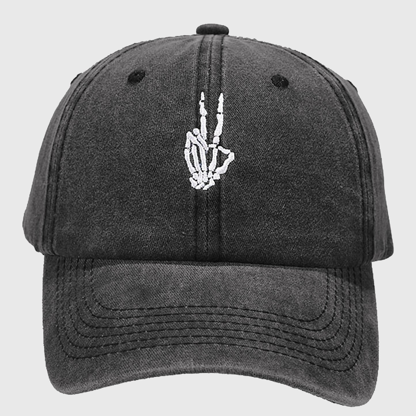 Vintage Washed Baseball Cap with Skeleton Peace Sign Embroidery