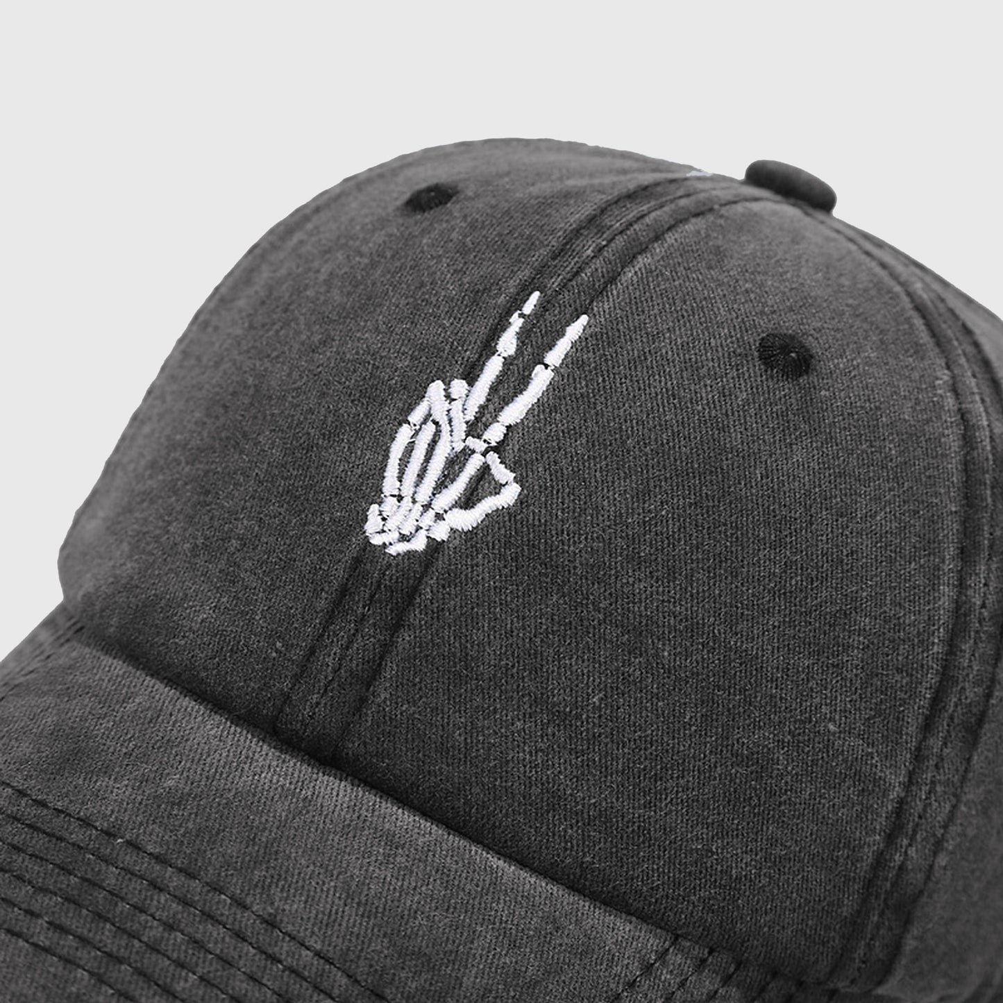 Vintage Washed Baseball Cap with Skeleton Peace Sign Embroidery