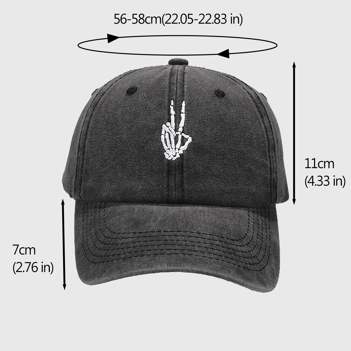 Vintage Washed Baseball Cap with Skeleton Peace Sign Embroidery