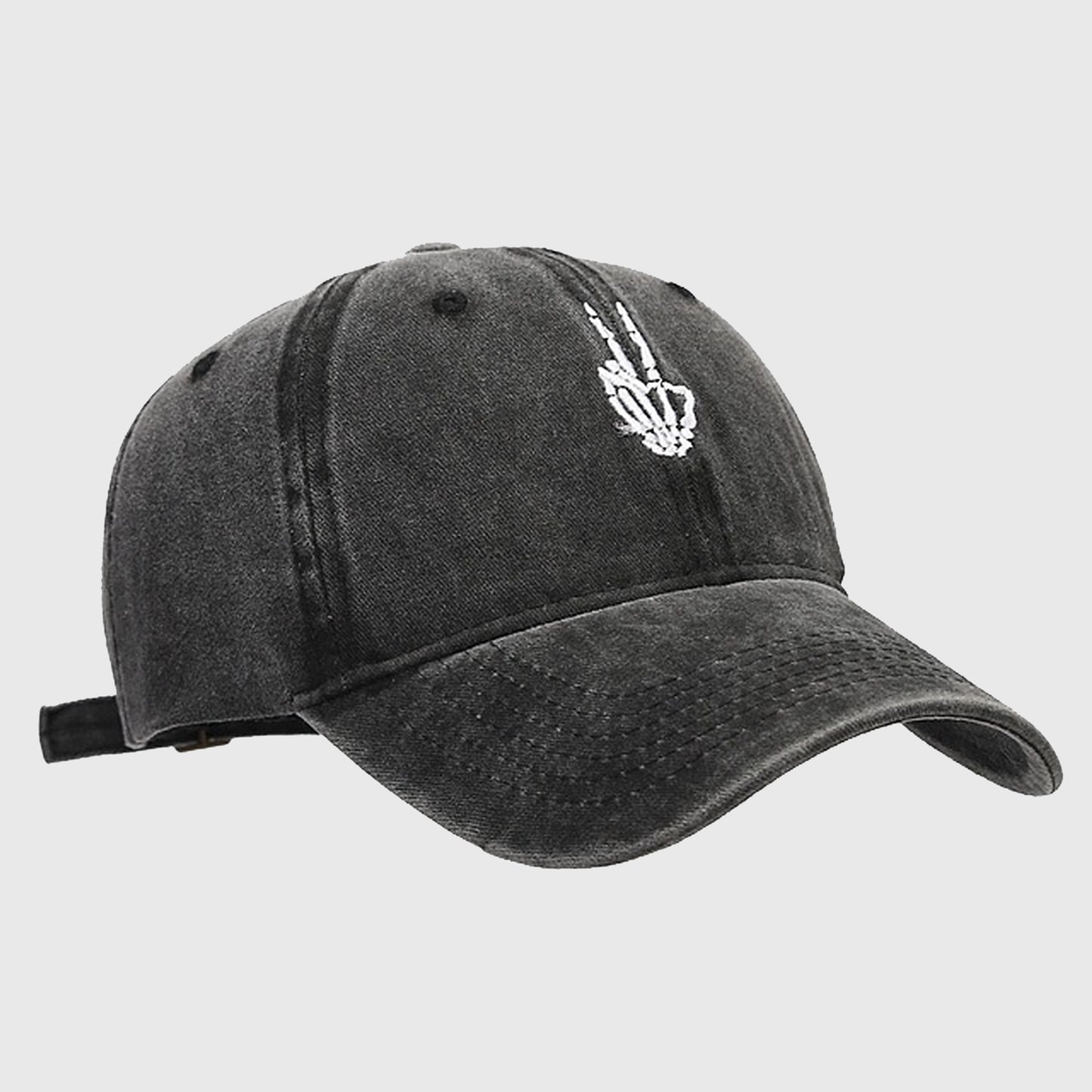 Vintage Washed Baseball Cap with Skeleton Peace Sign Embroidery
