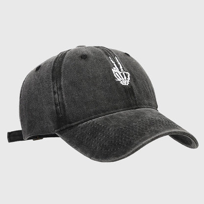 Vintage Washed Baseball Cap with Skeleton Peace Sign Embroidery