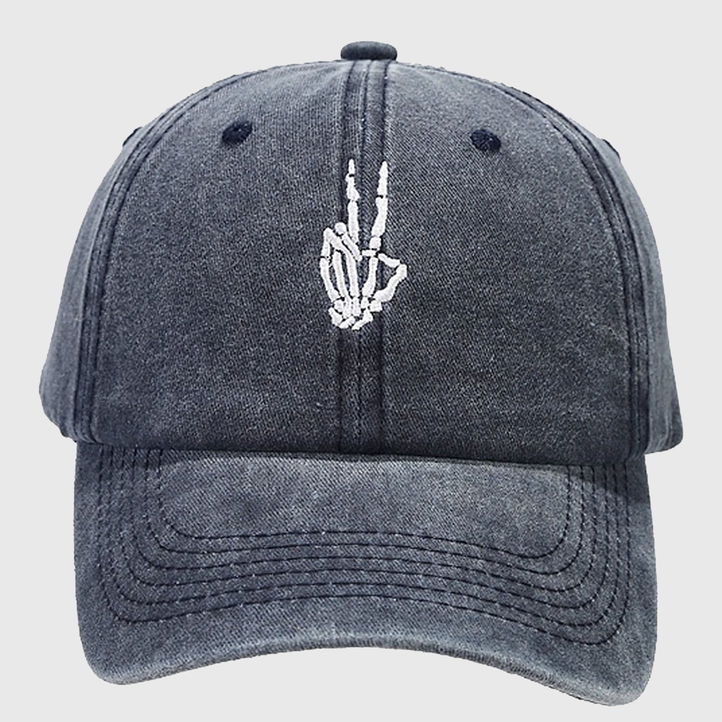 Vintage Washed Baseball Cap with Skeleton Peace Sign Embroidery