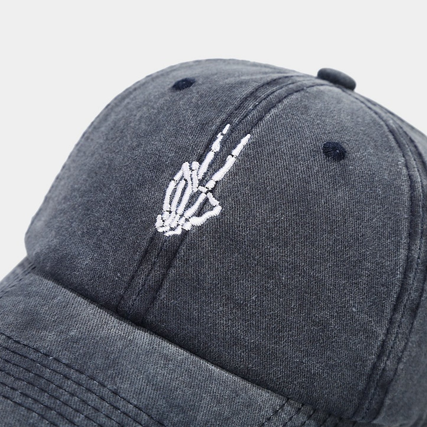 Vintage Washed Baseball Cap with Skeleton Peace Sign Embroidery