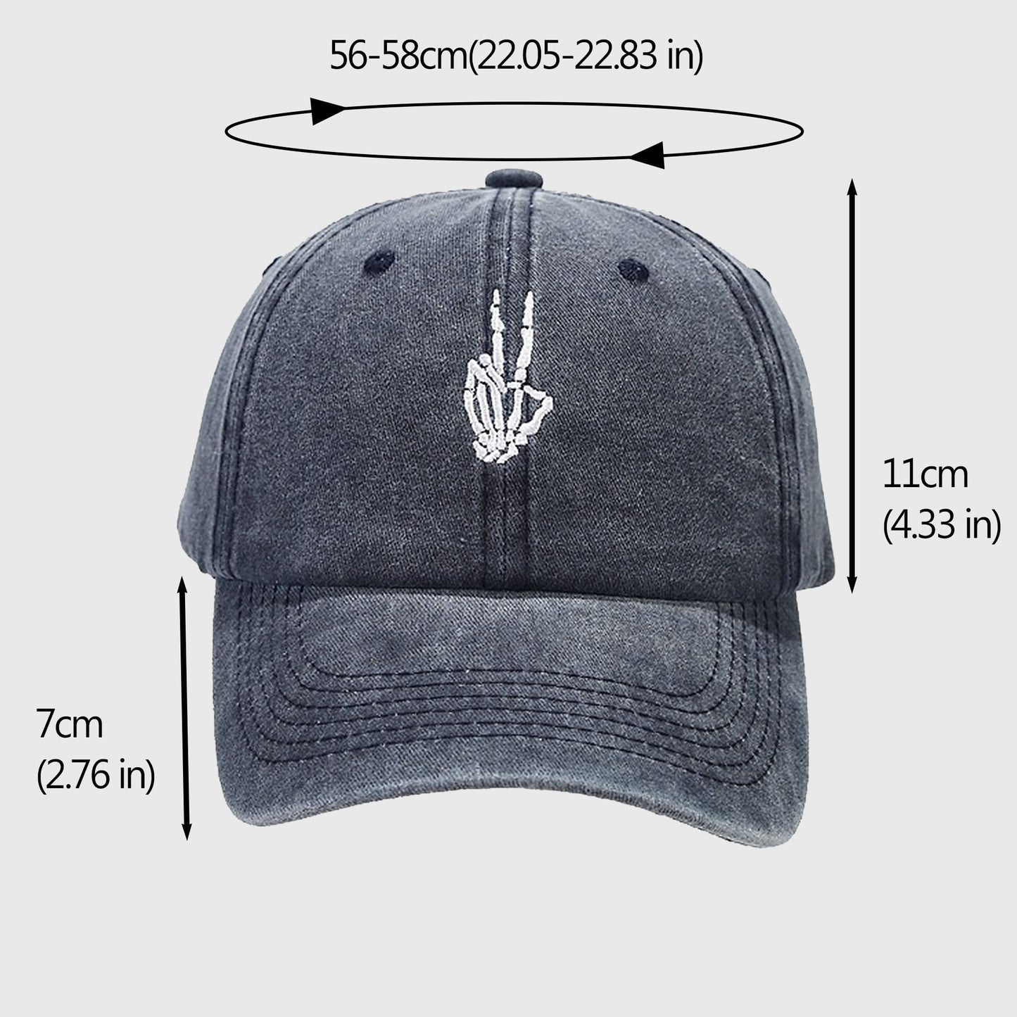 Vintage Washed Baseball Cap with Skeleton Peace Sign Embroidery