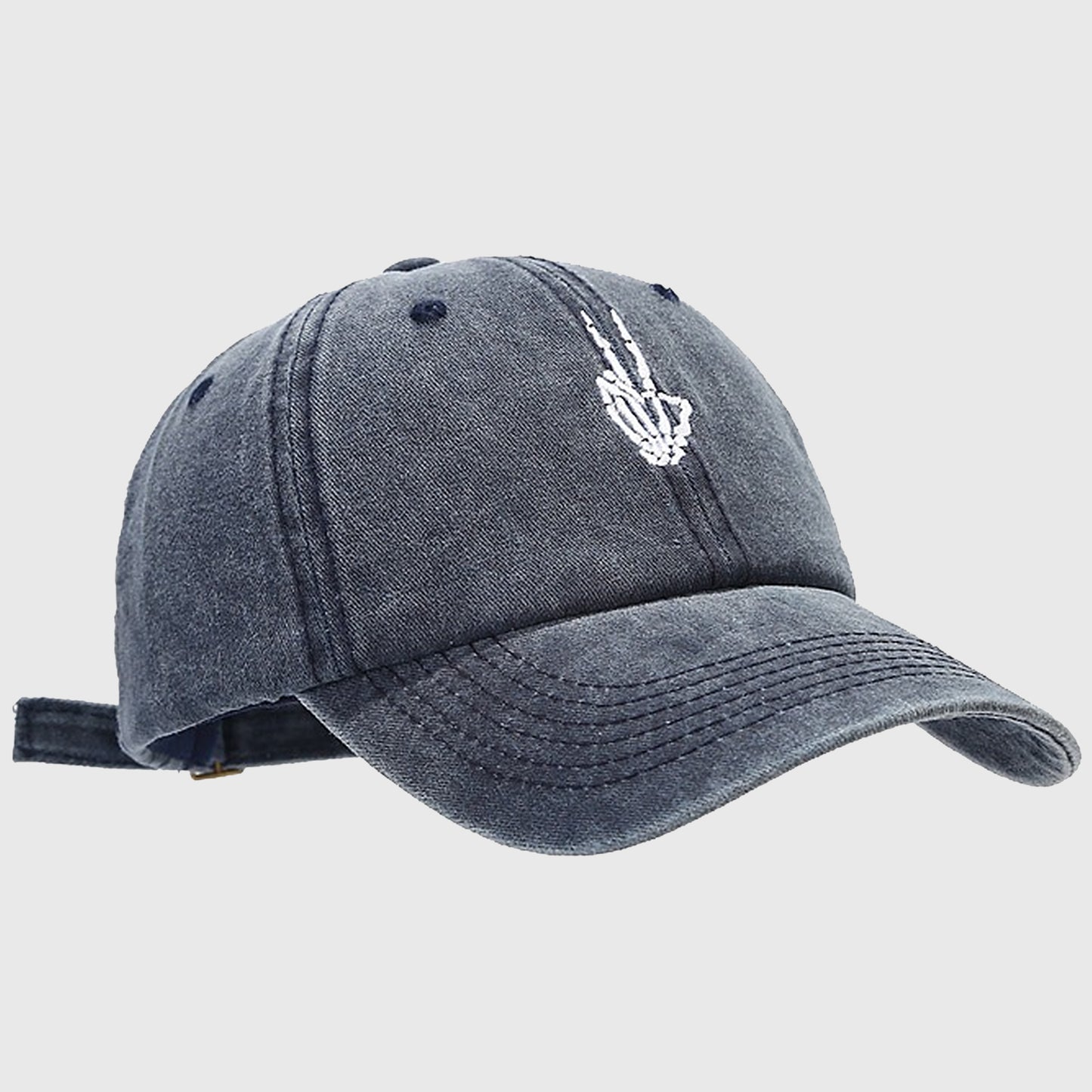 Vintage Washed Baseball Cap with Skeleton Peace Sign Embroidery